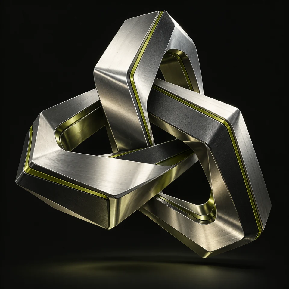 Interlocking silver forms with a fine lime seam, EGC's common ground visual